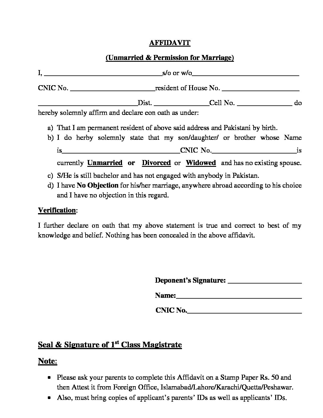 Unmairried Affidavit Form
